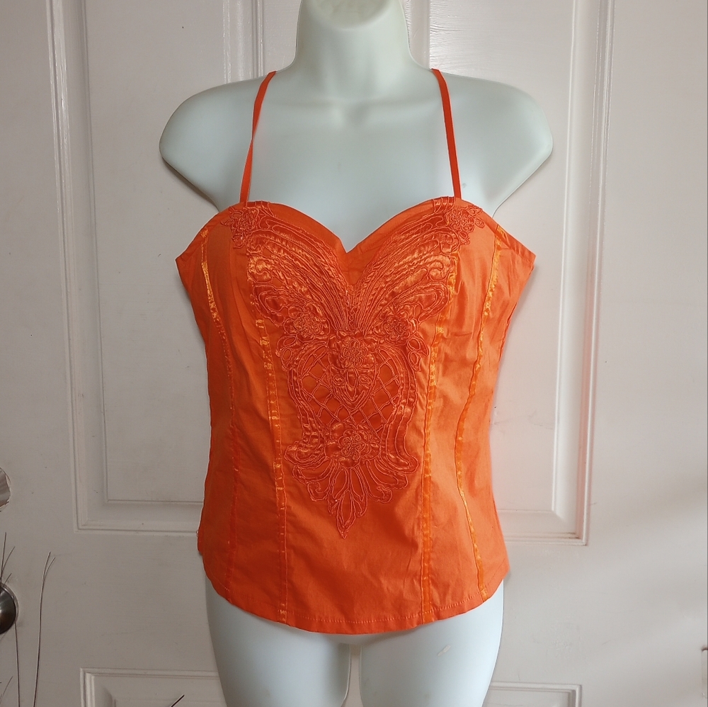Vintage DOTS Women Orange Smocked Stretch Bustier Corset Top Medium